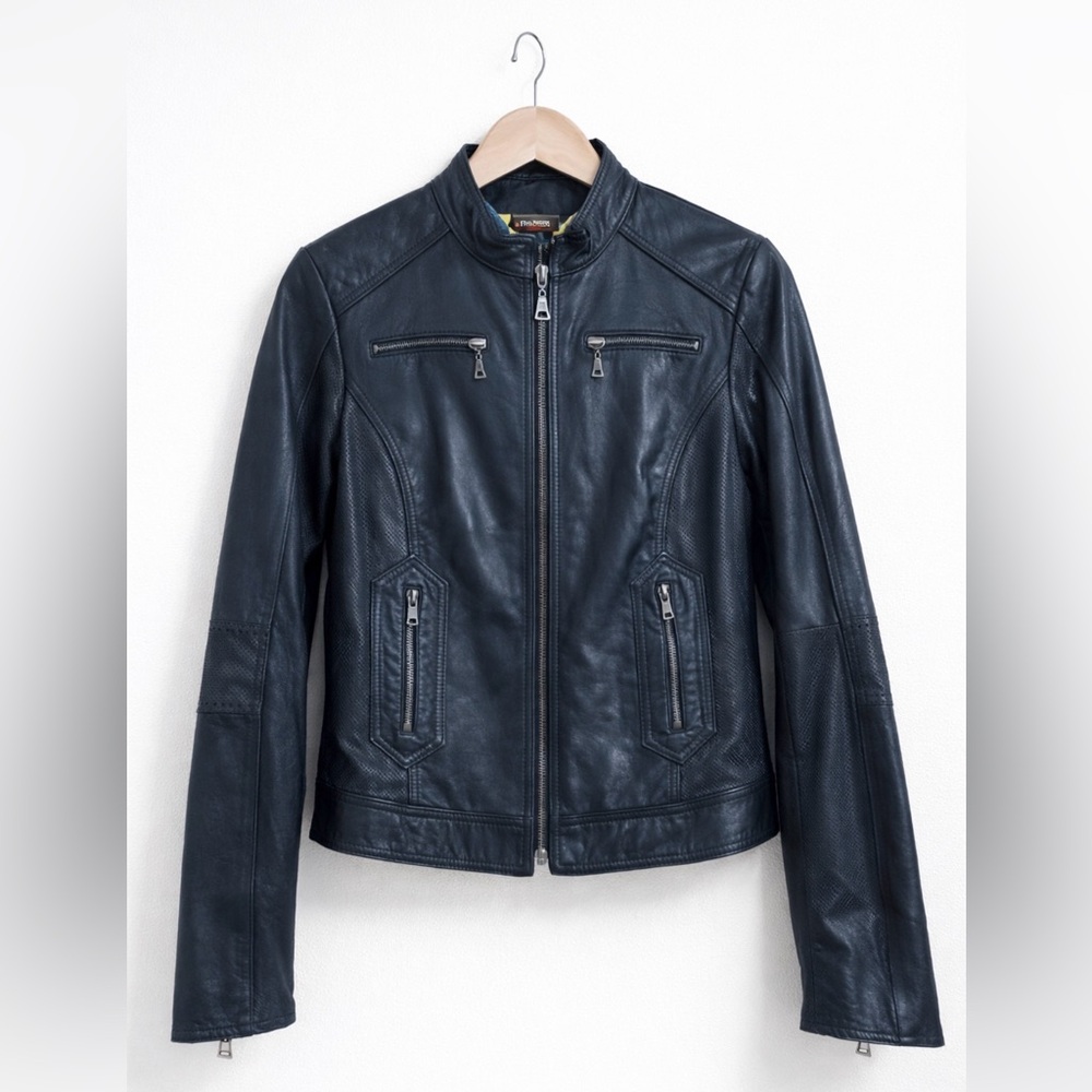 Danier Leather Moto Jacket Womens S Black Perforated Zip Biker